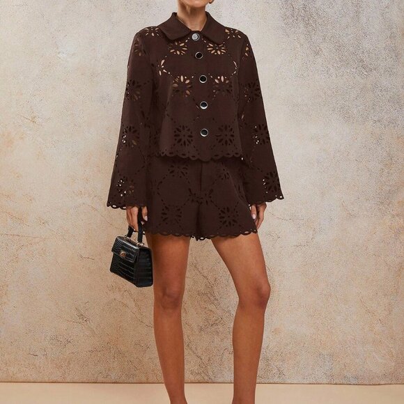 Brown Women's Hollow Out Button Front Top And Shorts Set - Picture 1 of 6